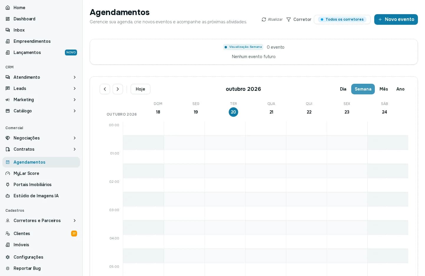 Agenda na visão Semana, com as colunas dos dias e as horas
