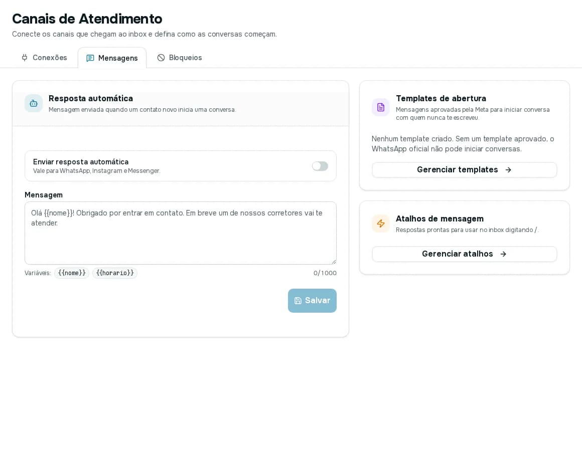 Aba Mensagens com a resposta automática, os templates de abertura e os atalhos de mensagem