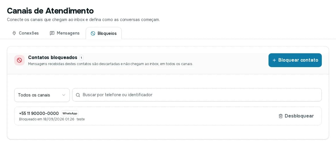 Aba Bloqueios com a lista de contatos bloqueados, o botão Bloquear contato e o botão Desbloquear