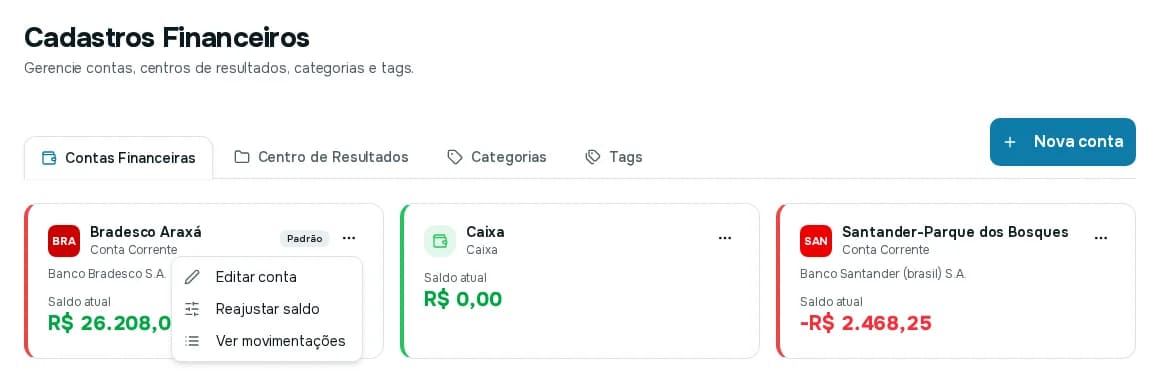 Tela Cadastros Financeiros com as abas Contas Financeiras, Centro de Resultados, Categorias e Tags e três contas cadastradas