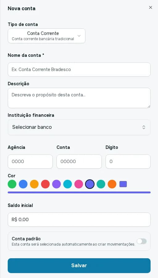 Painel Nova conta com tipo de conta, nome, descrição, instituição financeira, agência, conta, dígito, cor, saldo inicial e conta padrão