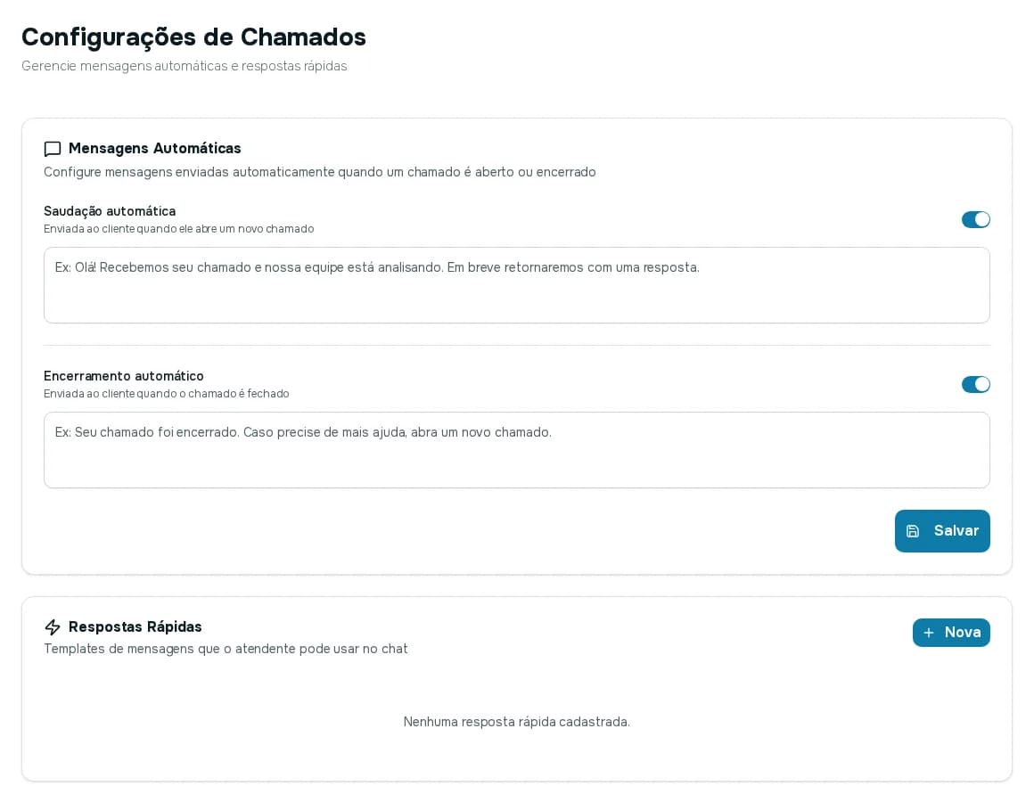 Bloco Mensagens Automáticas com Saudação automática e Encerramento automático ligados, cada um com um campo de texto, e o bloco Respostas Rápidas