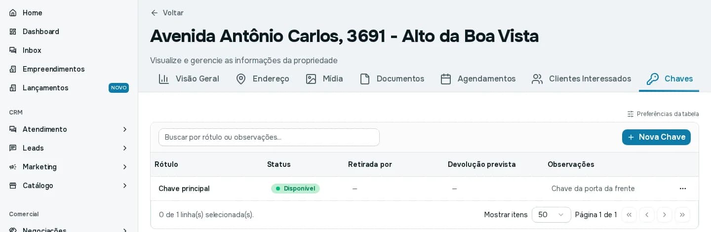 Aba Chaves da página de um imóvel, com a chave Chave principal disponível e o botão Nova Chave