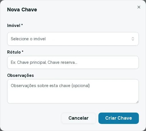 Janela Nova Chave com os campos imóvel, rótulo e observações