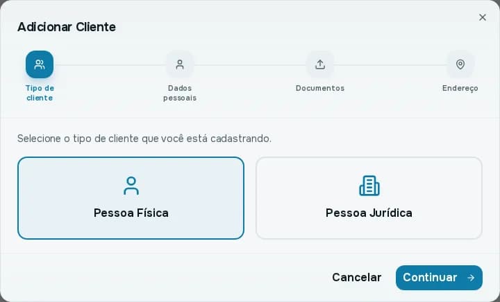 Primeira etapa do cadastro, com as opções Pessoa Física e Pessoa Jurídica e o botão Continuar