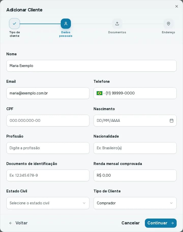 Etapa Dados pessoais preenchida com nome, telefone, CPF e tipo de cliente