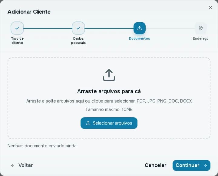 Etapa Documentos, com a área para arrastar arquivos e a mensagem Nenhum documento enviado ainda
