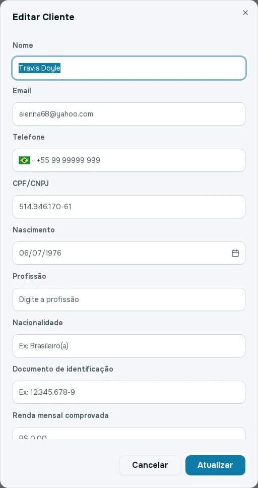 Janela Editar Cliente com os dados do cliente preenchidos e os botões Cancelar e Atualizar