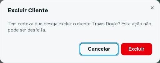 Janela de confirmação Excluir Cliente com os botões Cancelar e Excluir