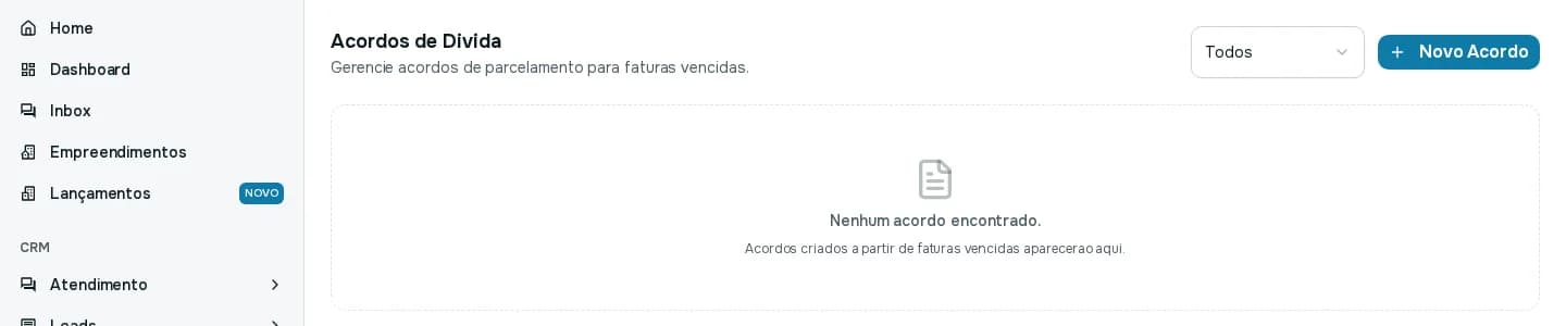 Tela Acordos de Dívida, sem acordos cadastrados, com o filtro de status e o botão Novo Acordo