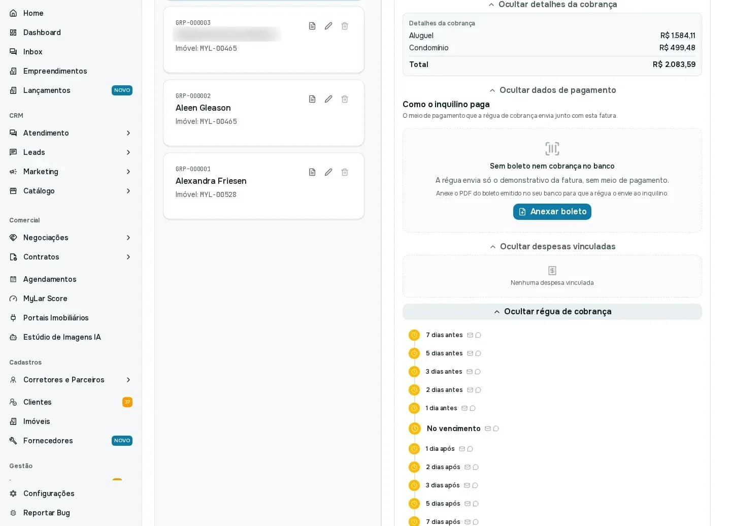 Aba Grupos com uma fatura aberta, mostrando os detalhes da cobrança, os dados de pagamento, as despesas vinculadas e a régua