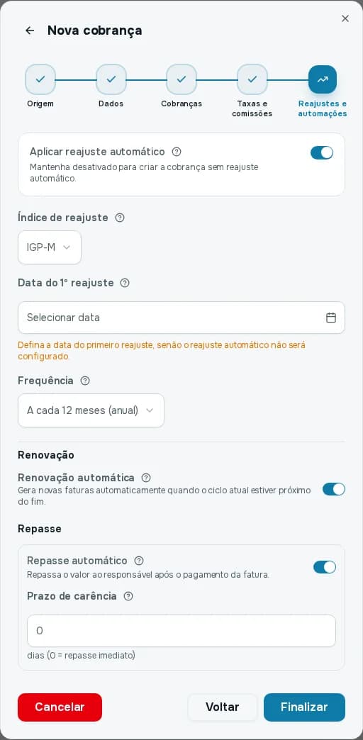 Passo Reajustes e automações com o reajuste IGP-M, a renovação automática e o repasse automático ligados e o prazo de carência