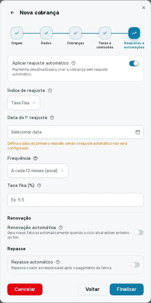 Passo Reajustes e automações com o índice Taxa Fixa, a data do primeiro reajuste, a frequência anual e o campo Taxa fixa