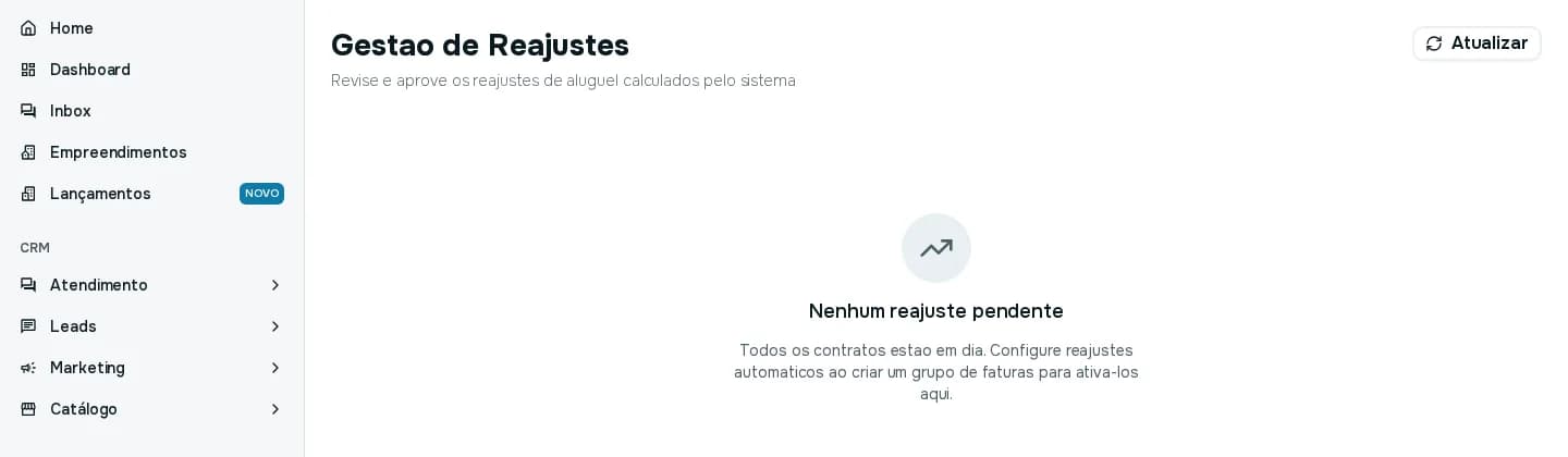 Tela Gestão de Reajustes sem reajustes pendentes, com o botão Atualizar