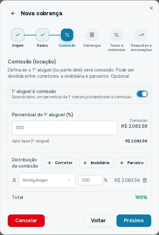 Passo Comissão com a chave 1º aluguel é comissão ligada, percentual de 100 por cento e a distribuição para um corretor