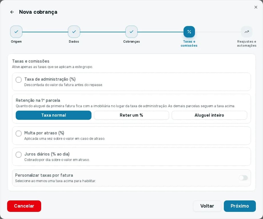 Passo Taxas e comissões com a taxa de administração, a retenção na primeira parcela, a multa por atraso e os juros diários