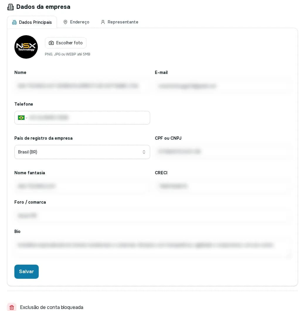Aba Dados Principais com logo, nome, e-mail, telefone, país de registro, CPF ou CNPJ, nome fantasia, CRECI, foro e bio (valores borrados)