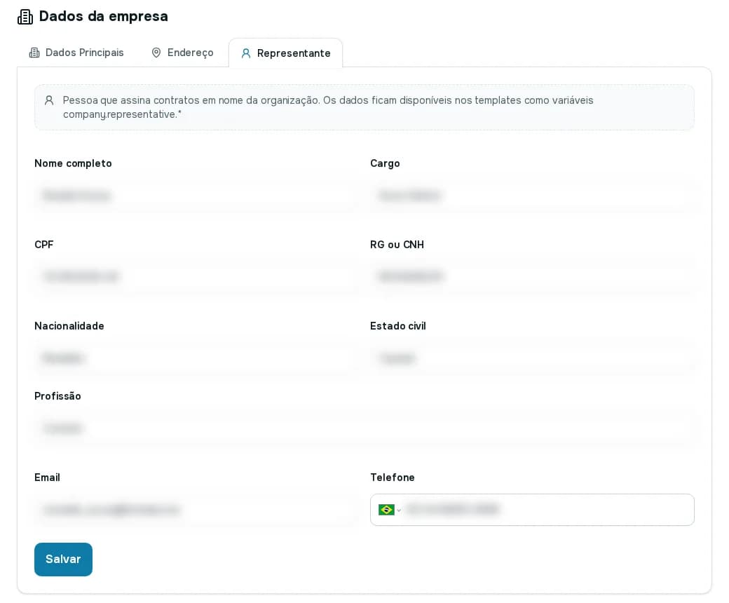 Aba Representante com nome completo, cargo, CPF, RG ou CNH, nacionalidade, estado civil, profissão, e-mail e telefone (valores borrados)