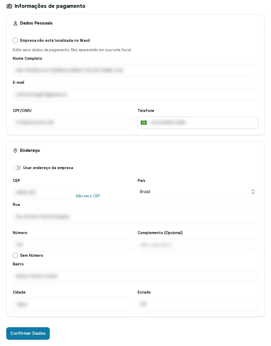 Tela Informações de pagamento com dados pessoais, documento, telefone e o endereço completo, e o botão Confirmar Dados