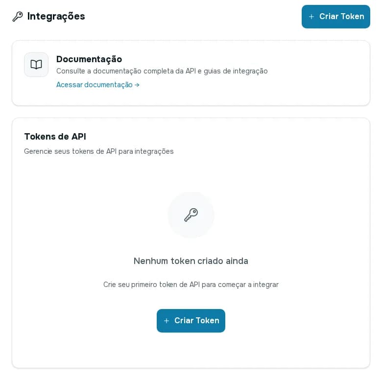 Tela Integrações com o cartão Documentação e a lista de Tokens de API vazia, com o botão Criar Token