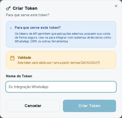 Janela Criar Token com a explicação do uso, o aviso de validade de um ano e o campo Nome do Token