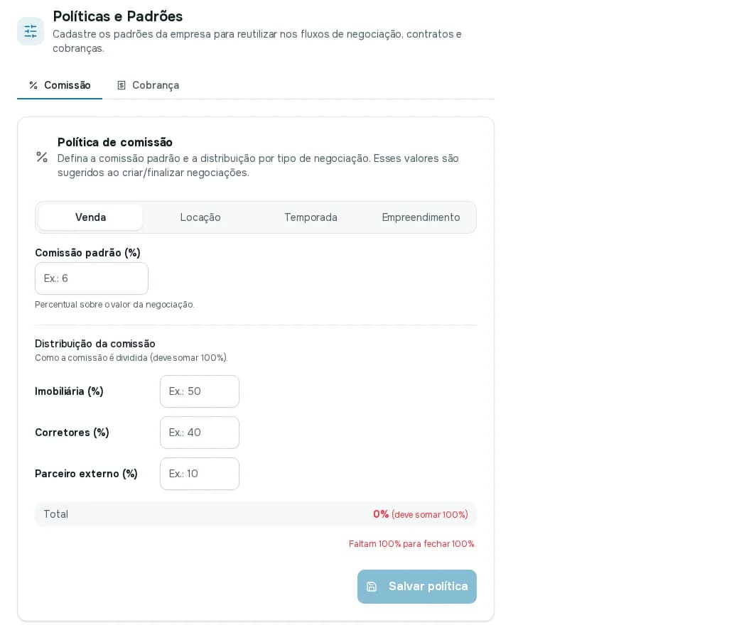 Aba Comissão com os tipos Venda, Locação, Temporada e Empreendimento, a comissão padrão em porcentagem e a distribuição entre imobiliária, corretores e parceiro externo