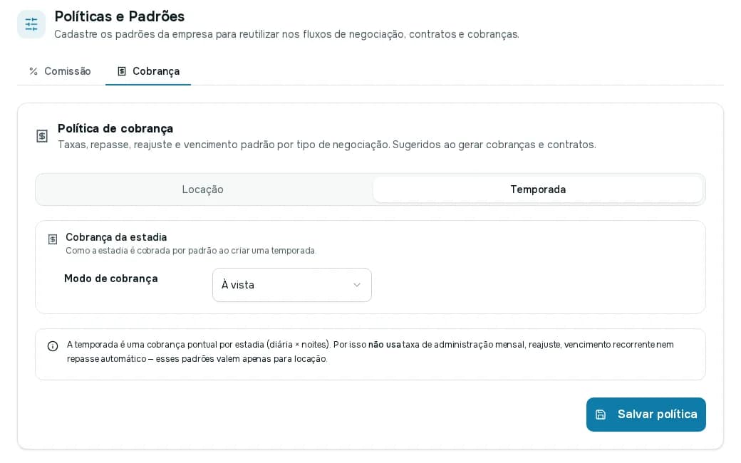 Aba Cobrança em Temporada com o modo de cobrança à vista e o aviso de que taxa mensal, reajuste e repasse automático valem só para locação