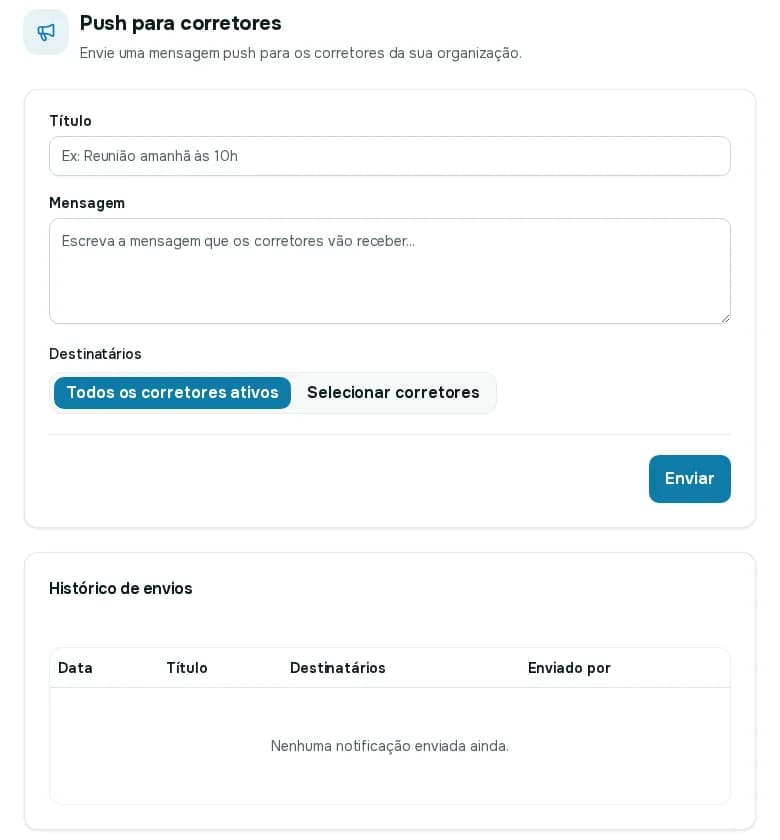 Tela Push para corretores com os campos Título e Mensagem, a escolha de destinatários e o histórico de envios