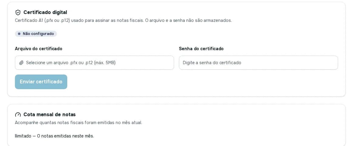 Blocos Certificado digital, com a situação Não configurado e os campos de arquivo e senha, e Cota mensal de notas