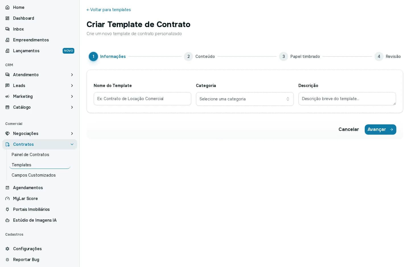 Primeiro passo da criação de modelo, com nome, categoria e descrição