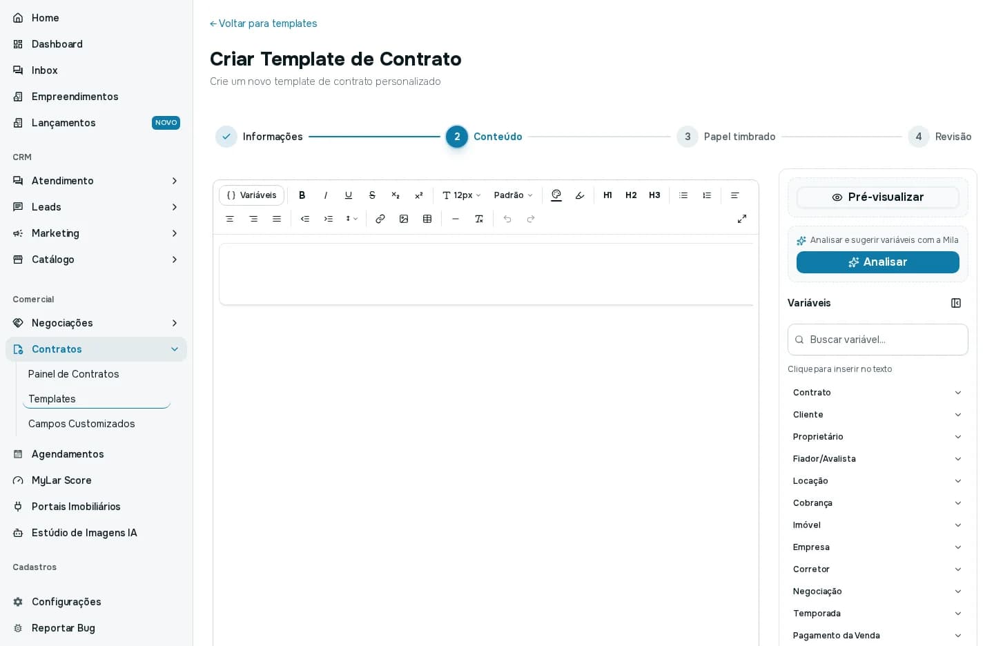 Passo Conteúdo com o editor de texto e o painel lateral de variáveis agrupadas por assunto