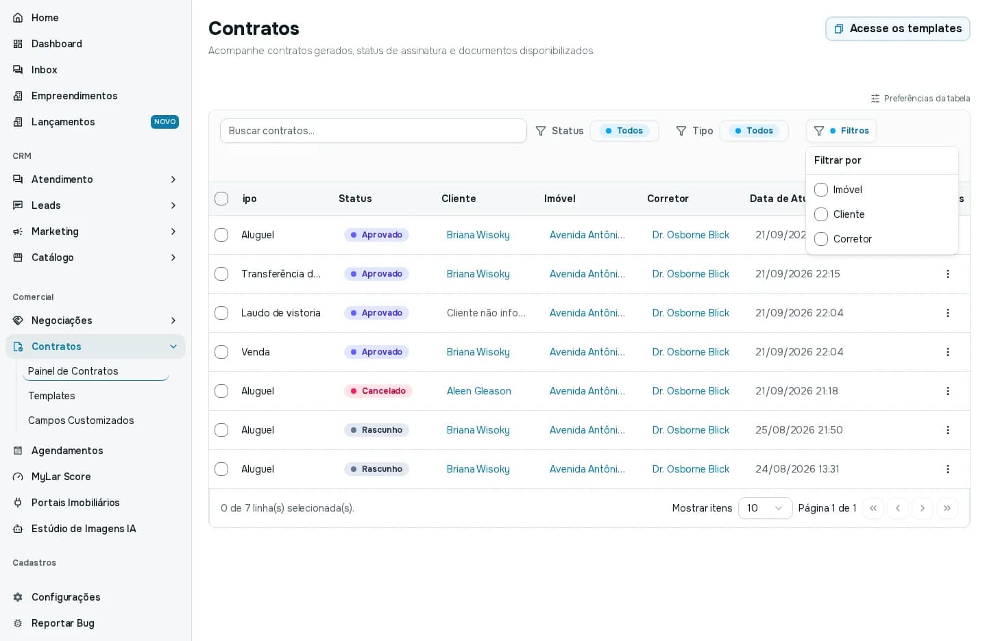 Painel de Contratos com o painel Filtros aberto