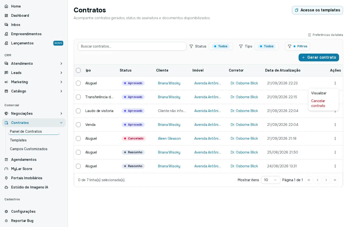 Menu de ações de um contrato com as opções Visualizar e Cancelar contrato