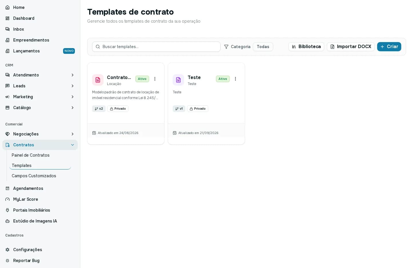 Tela Templates de contrato com os botões Biblioteca, Importar DOCX e Criar, e os cartões dos modelos