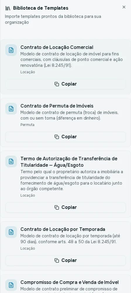 Painel Biblioteca de Templates com modelos prontos e o botão Copiar