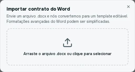 Janela Importar contrato do Word com a área para arrastar o arquivo .docx