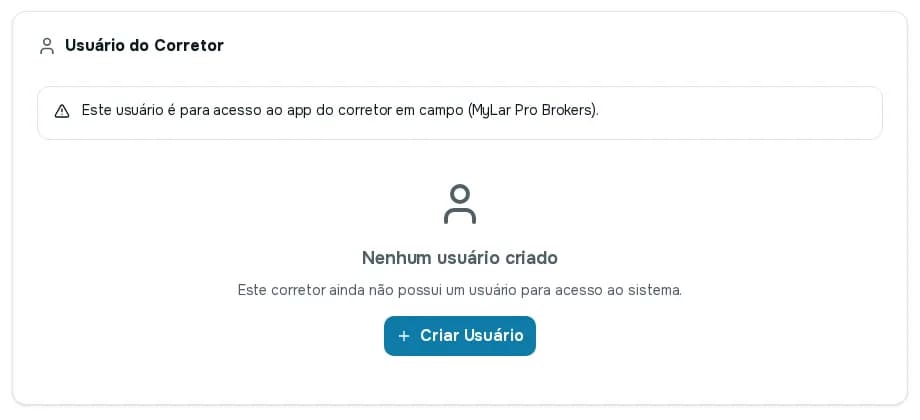 Cartão Usuário do Corretor sem usuário criado, com o botão Criar Usuário