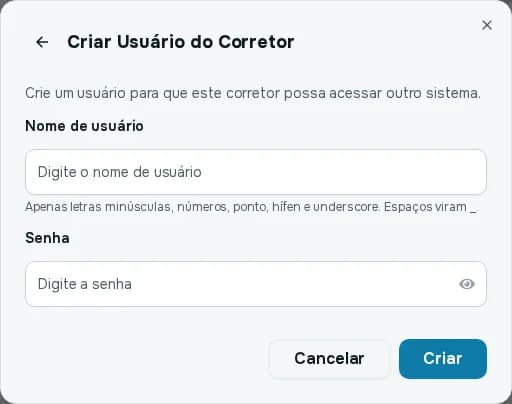 Janela Criar Usuário do Corretor com nome de usuário e senha