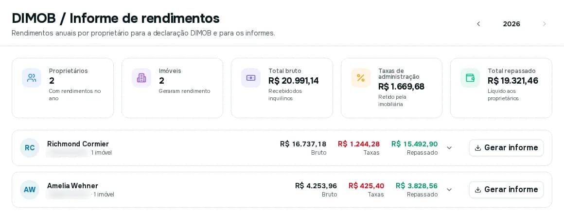 Tela DIMOB com o seletor de ano, cinco cartões de totais e a lista de proprietários com os botões Gerar informe