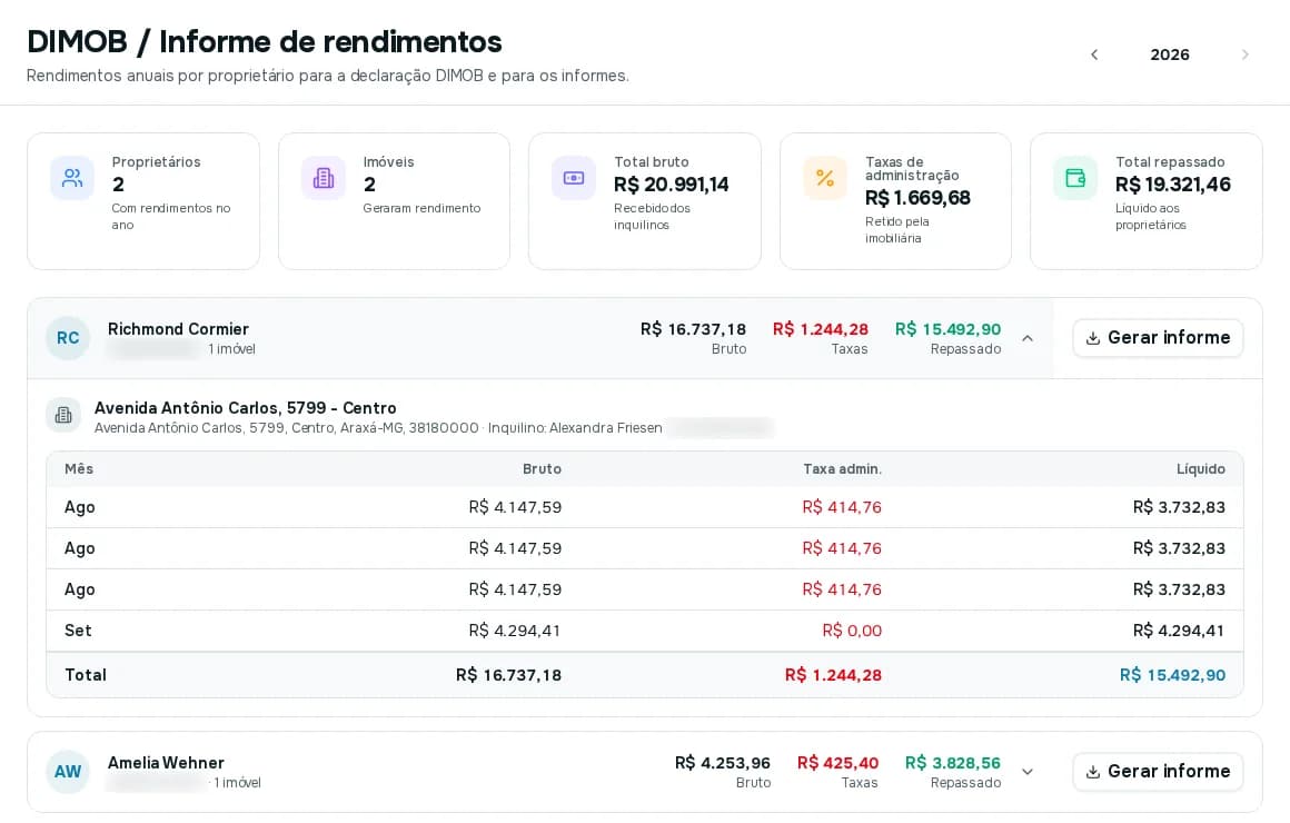 Proprietário aberto mostrando o imóvel, o endereço, o inquilino e a tabela por mês com bruto, taxa de administração e líquido