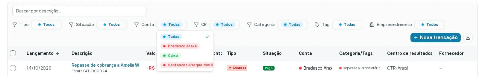 Linha de filtros com o filtro Conta aberto