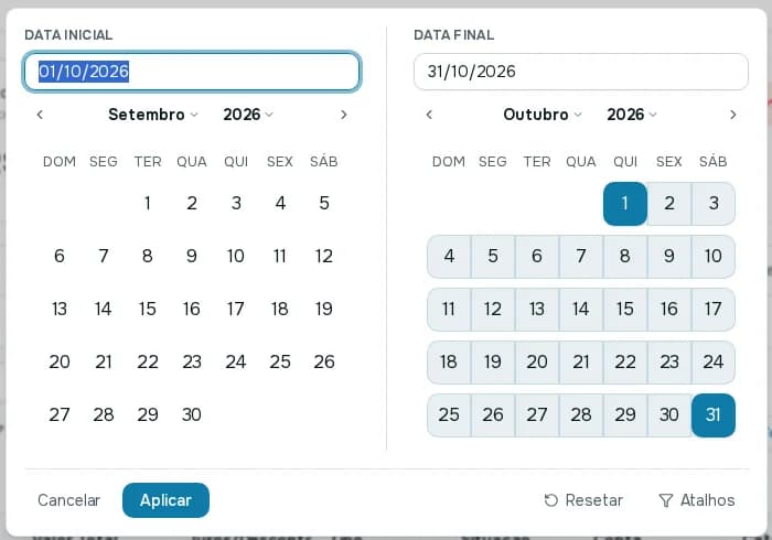 Seletor de período do Fluxo de Caixa com calendário de data inicial e data final, e os botões Cancelar, Aplicar, Resetar e Atalhos