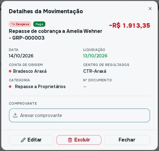 Janela Detalhes da Movimentação com tipo, situação, valor, datas, conta, centro de resultados, categoria, comprovante e os botões Editar, Excluir e Fechar