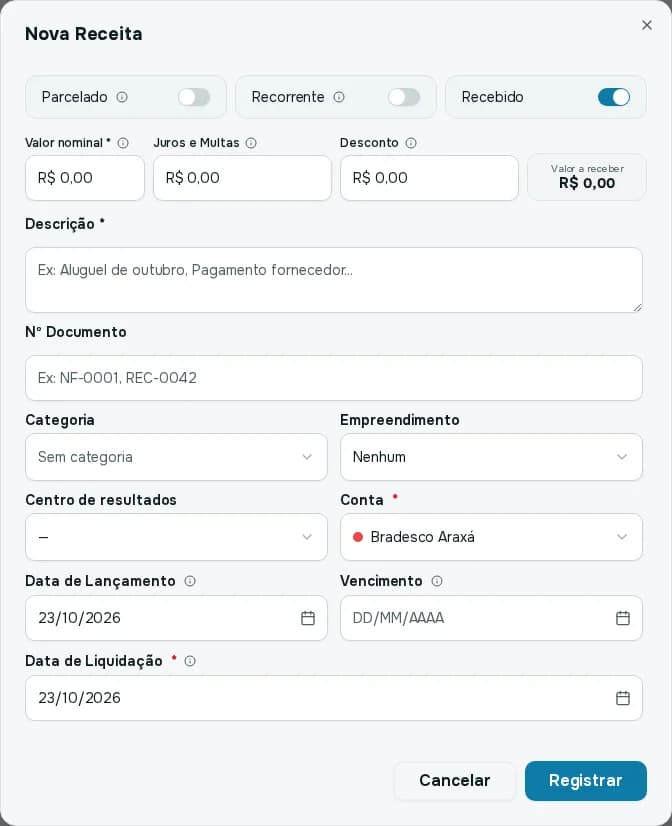 Janela Nova Receita com o botão Recebido ligado, mostrando juros, desconto, valor a receber, conta e data de liquidação
