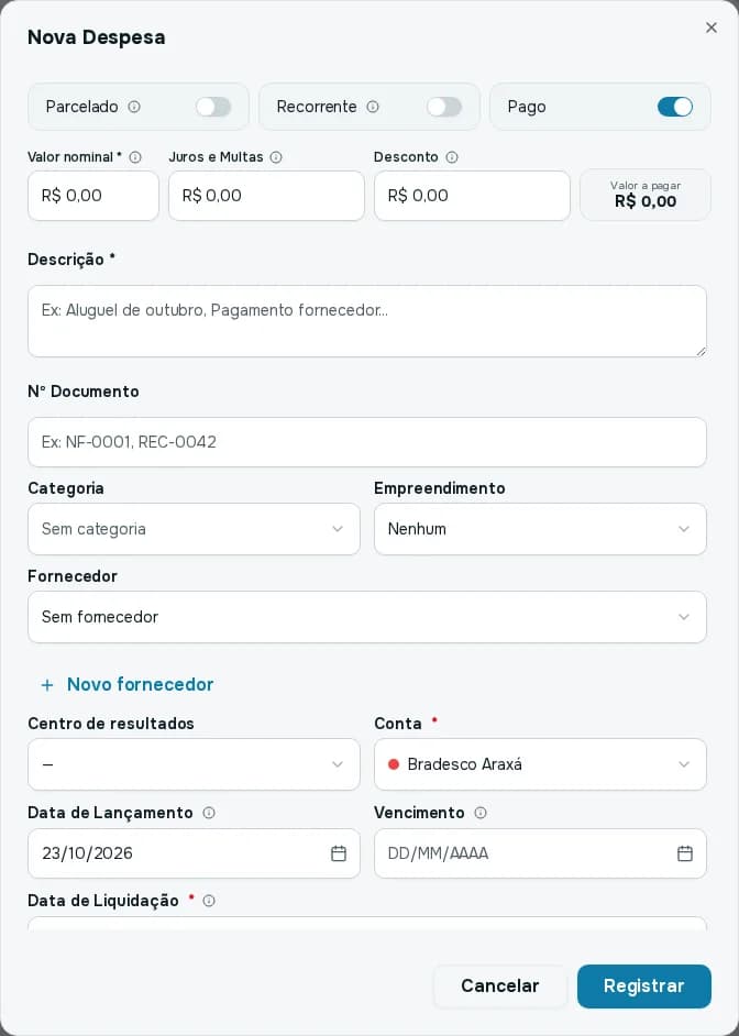 Janela Nova Despesa com o botão Pago ligado, valor nominal, juros, desconto, fornecedor, centro de resultados, conta e datas