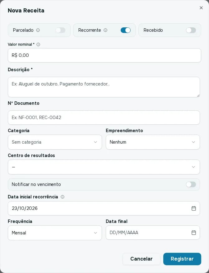 Janela Nova Receita com Recorrente ligado, mostrando Data inicial recorrência, Frequência e Data final
