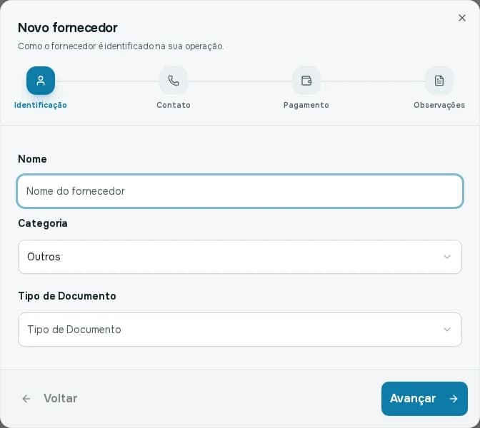 Primeira etapa do assistente Novo fornecedor, com nome, categoria e tipo de documento