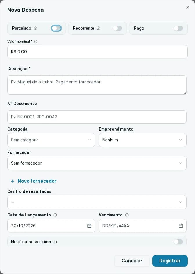 Janela Nova Despesa do Fluxo de Caixa, com o campo Fornecedor e o botão Novo fornecedor