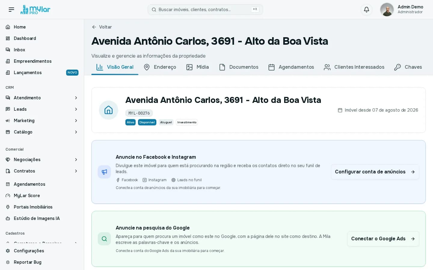 Aba Visão Geral com o título, o código, as etiquetas e os cartões para anunciar no Facebook, Instagram e Google