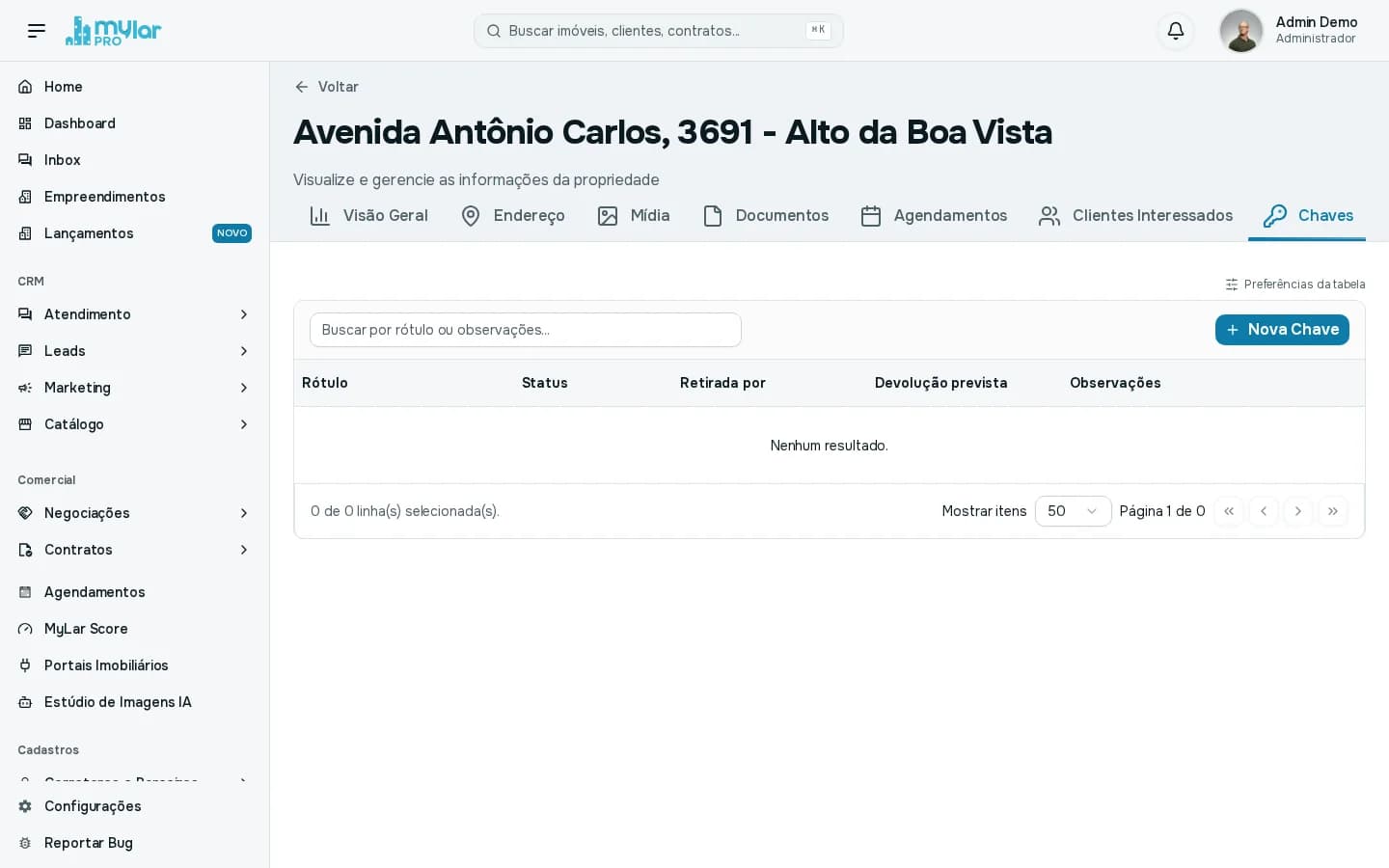 Aba Chaves com o campo de busca, o botão Nova Chave e a tabela vazia